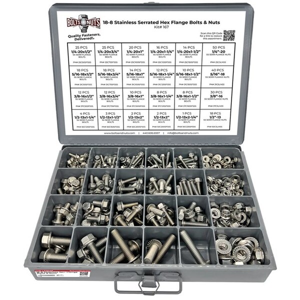 Boltsandnuts.Com Inch Stainless Steel Serrated Hex Flange Bolts & Lock Nuts Assortment - 371 PCS Assortment Kit #167 - main